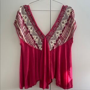 Free People Oversized Pink and Cream V-Neck Blouse Size XS